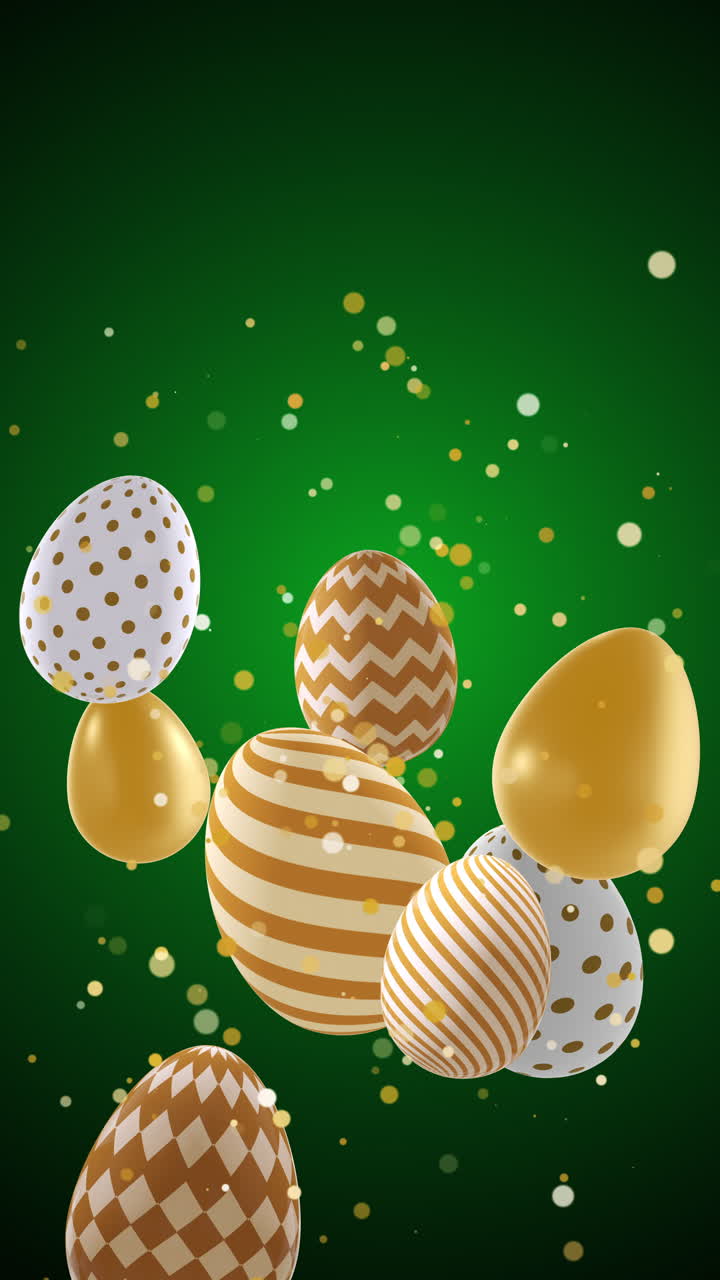 3d realistic gold Easter eggs with pattern and decorations rotate on green background with flying confetti. Loop animation. Vertical video.