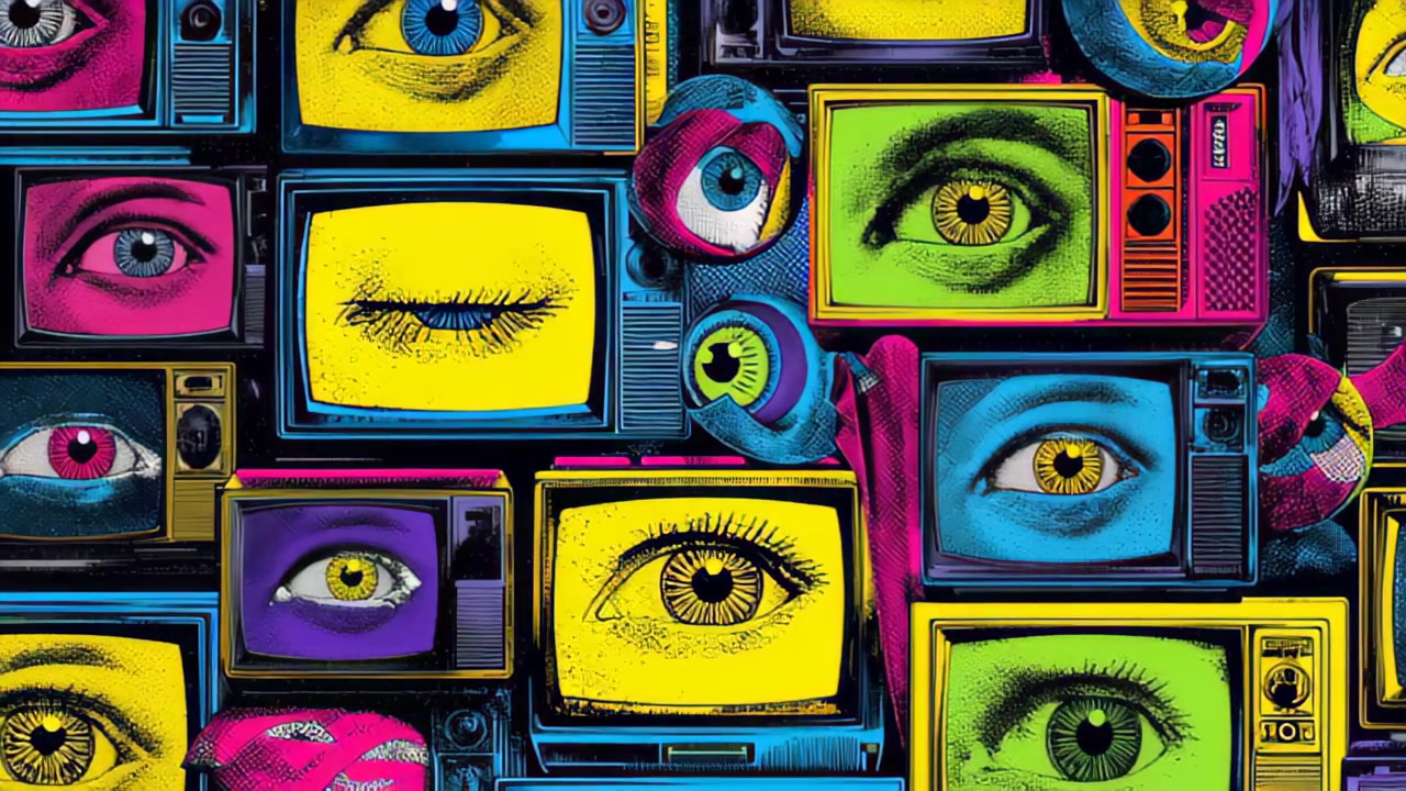 Sfondo video vibrante in stile pop art che mostra un collage di televisori retrò con occhi surreali che fissano su schermi al neon, concetto di sorveglianza, influenza dei media ed economia dell'attenzione.