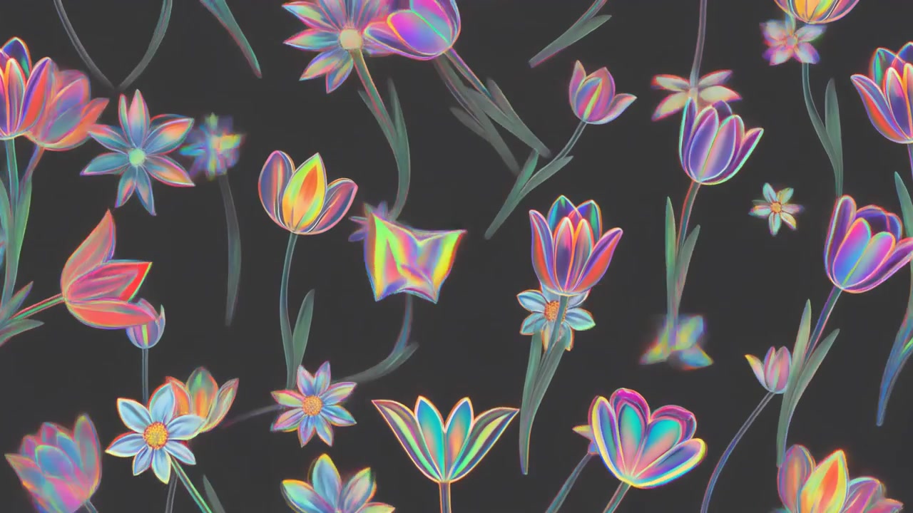 Animated Pattern of Iridescent Holographic Flowers on Dark Background