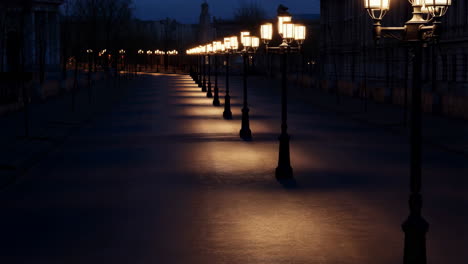 empty path lined with illuminated streetlights at night
