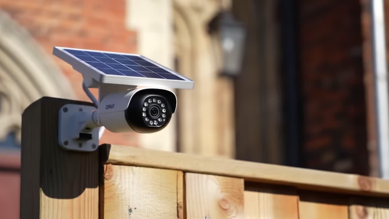 A homeowner installs a wireless security camera mounted on a wooden fence. The device harnesses solar energy for continuous monitoring in a bright, sunny suburban area.