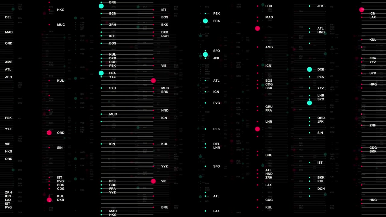 Animated global flight routes with dynamic labels and markers