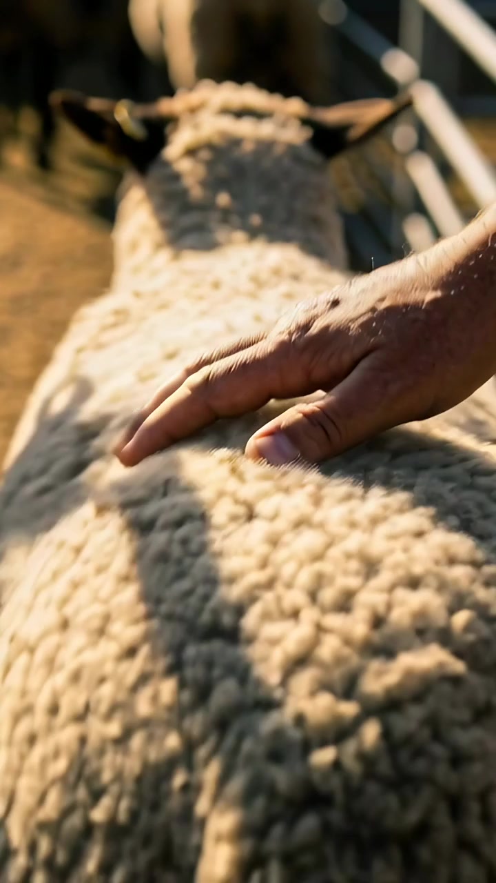 Vertical video: Reaching farmer's bare hand stroking ear-tagged sheep fleece in pen, checking sheep