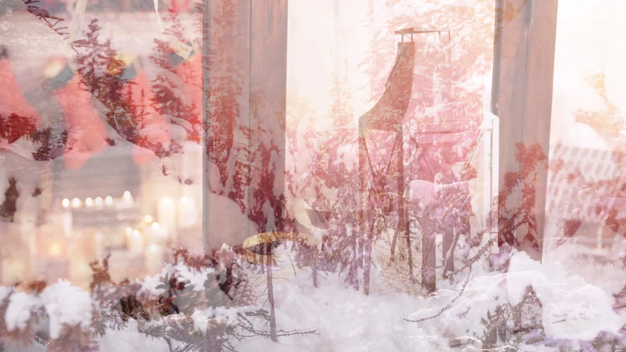 창문을 통해 볼 수 있는 겨울 풍경의 애니메이션 크리스마스 장식