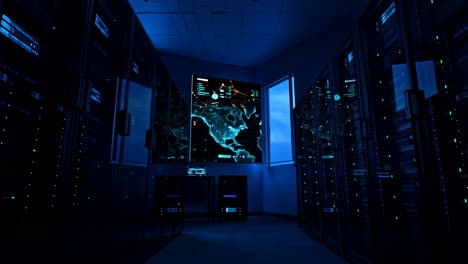 global network data visualization in a high-tech server room