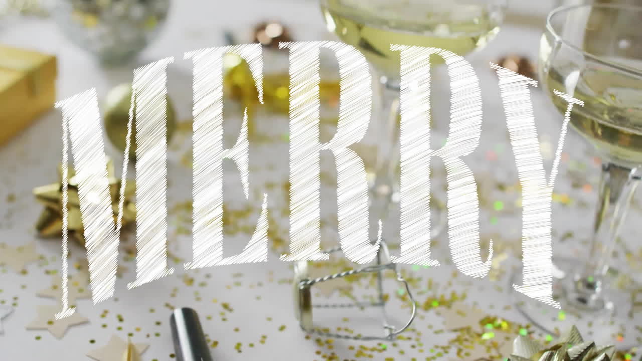 Animation of merry text over glasses of champagne on table with christmas decorations