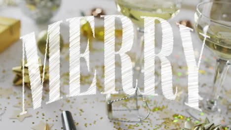 animation of merry text over glasses of champagne on table with christmas decorations