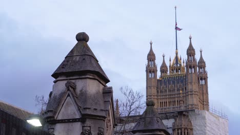 palace of westminster union jack flying at half-mast to mark the death of prince philip, duke of edinburgh, saturday april 10th, 2021 - london uk