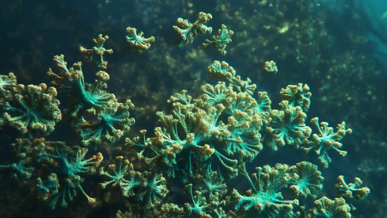 Rami di corallo stratificati occupano sempre più spazio durante un lento avvicinamento, con illuminazione turchese, bordi ambrati, sfocatura di profondità morbida e minuscole particelle visibili nell'acqua circostante.