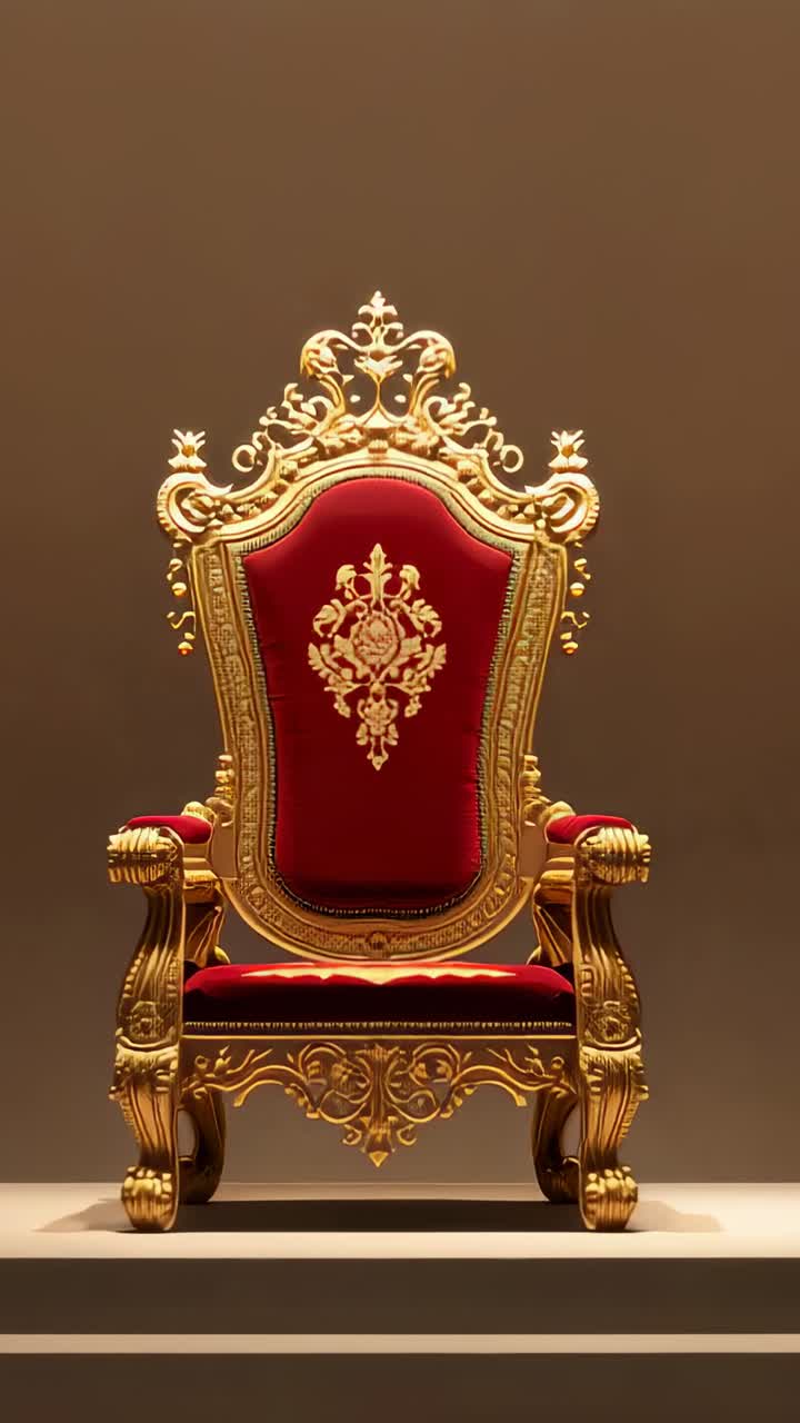 Vertical video: Lights turning on, highlighting ornate throne on three-step platform in gallery