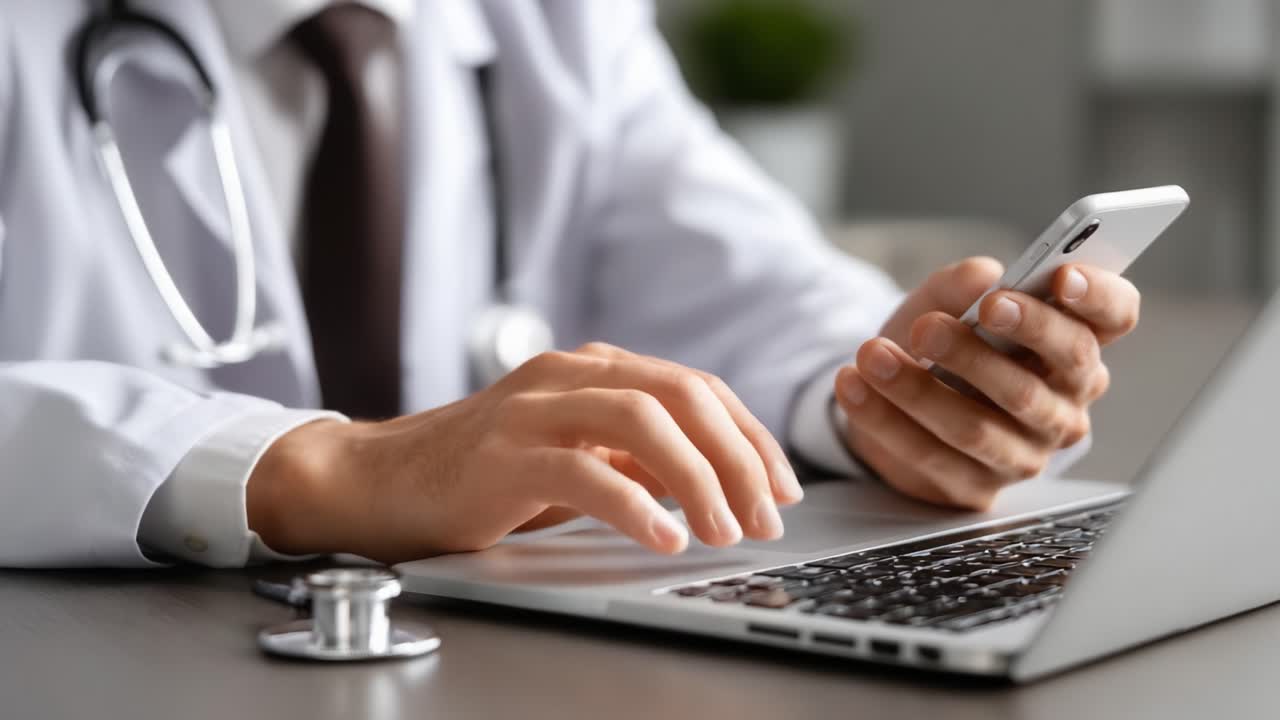 A Medical Professional Engaged in Digital Communication, Balancing Patient Care with Technology Using a Smartphone and Laptop in a Modern Healthcare Environment