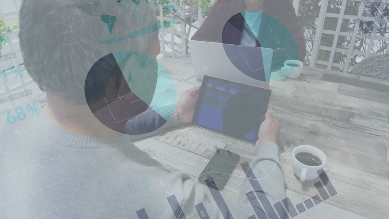 Statistical data processing against african american man using digital tablet