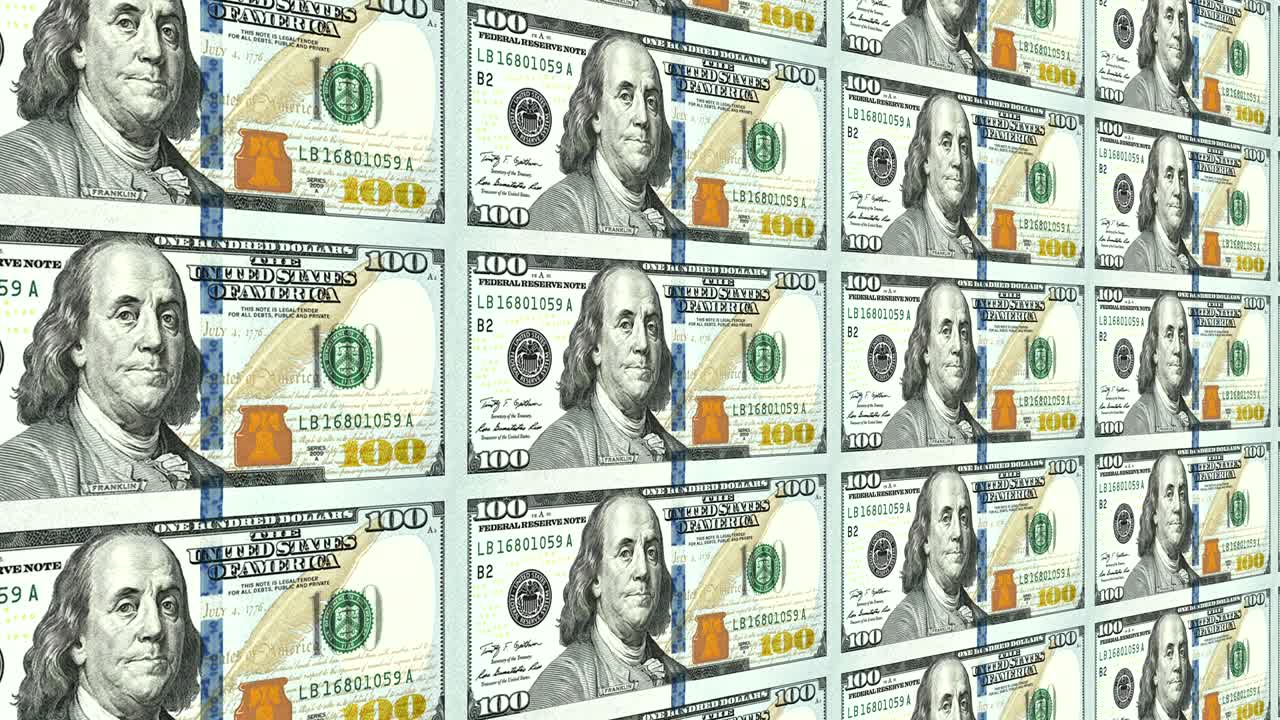 새로운 100 달러 지폐는 멀리 3d 관점에서 루프로 표시됩니다.