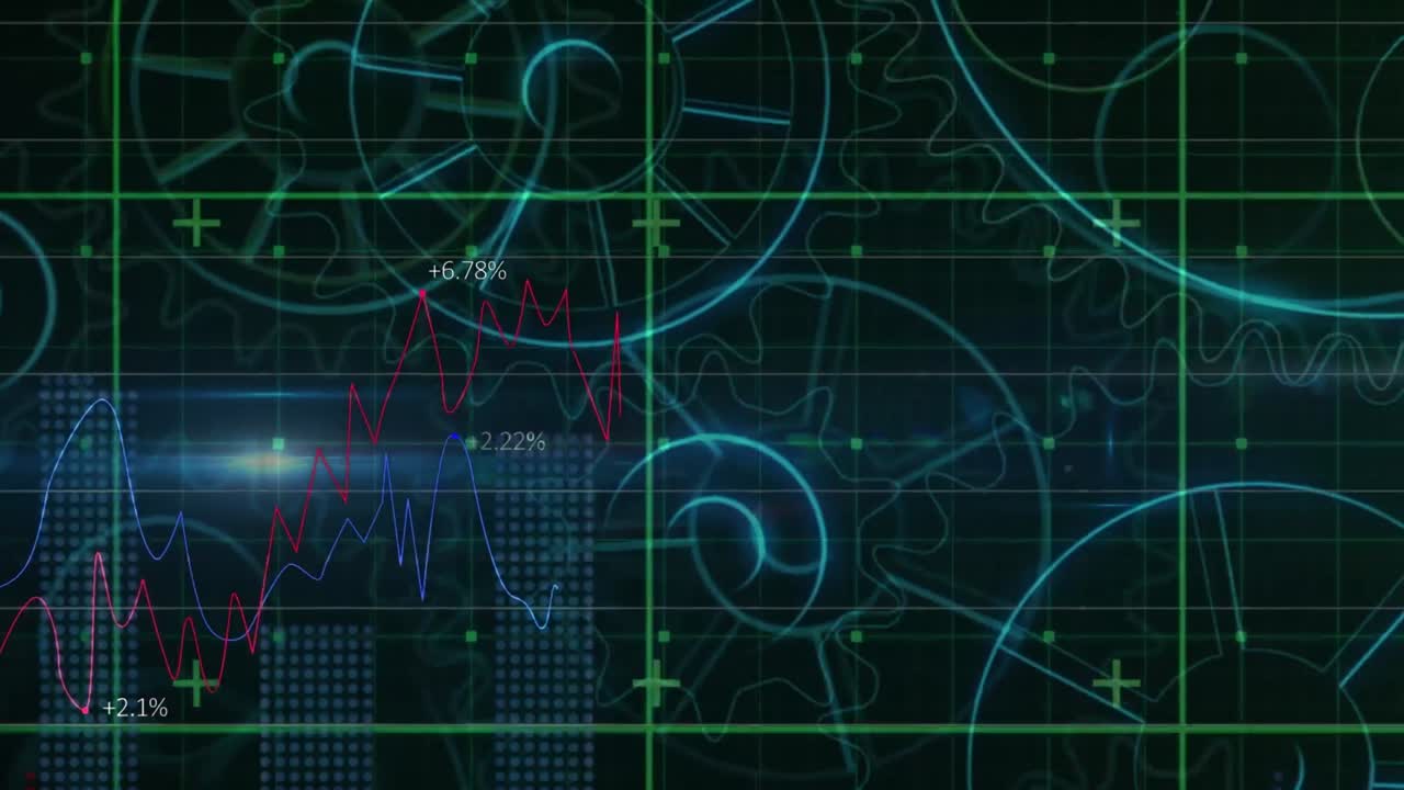Animation of graphs and financial data over connections on black digital screen