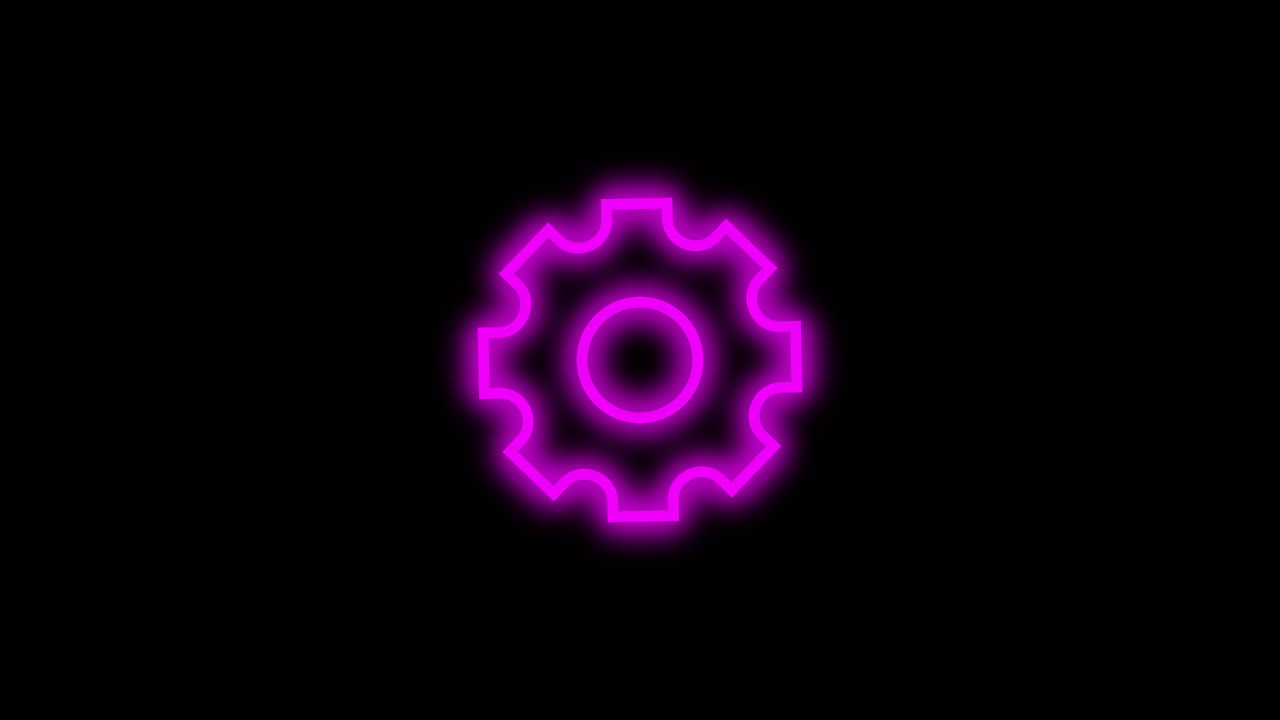 Icona a forma di ingranaggio rosa neon che ruota su sfondo nero