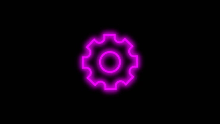 Icona a forma di ingranaggio rosa neon che ruota su sfondo nero