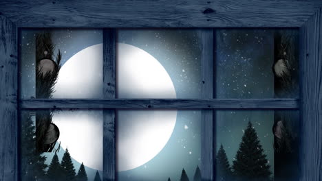 animation of santa claus in sleigh with reindeer in christmas winter scenery seen through window