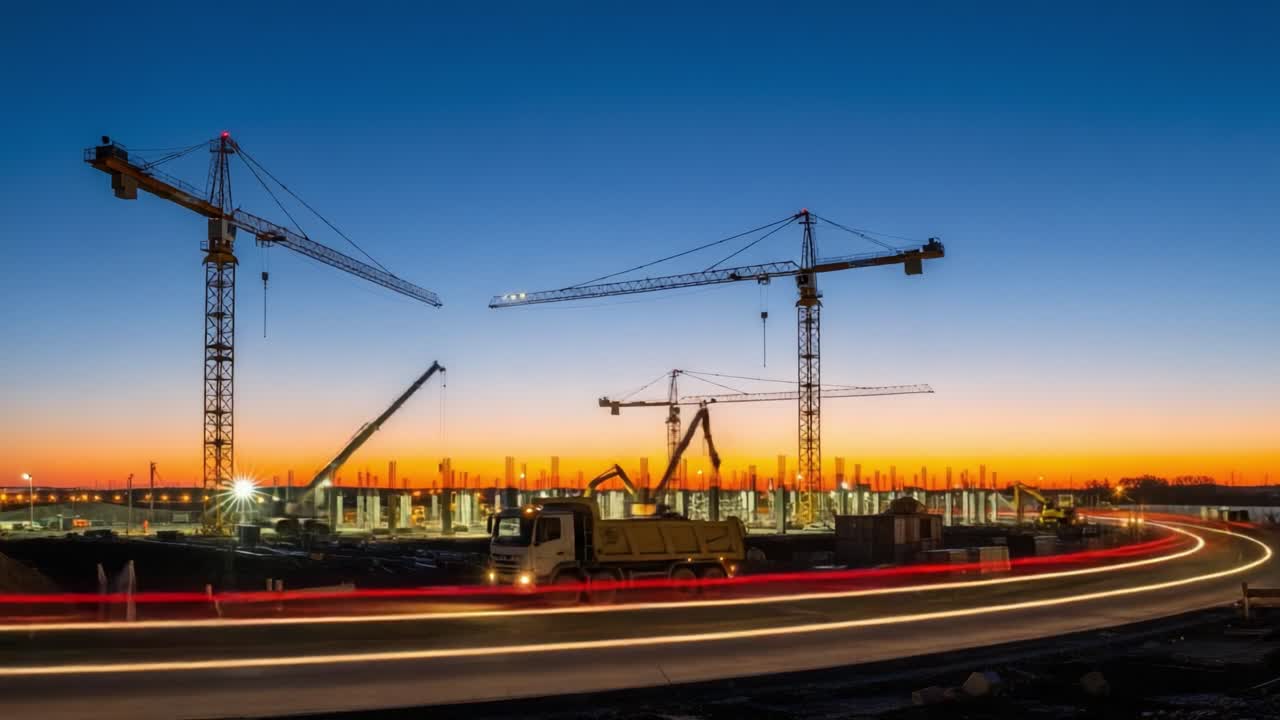 Night Construction Site with Cranes and Light Trails | Premium Stock ...