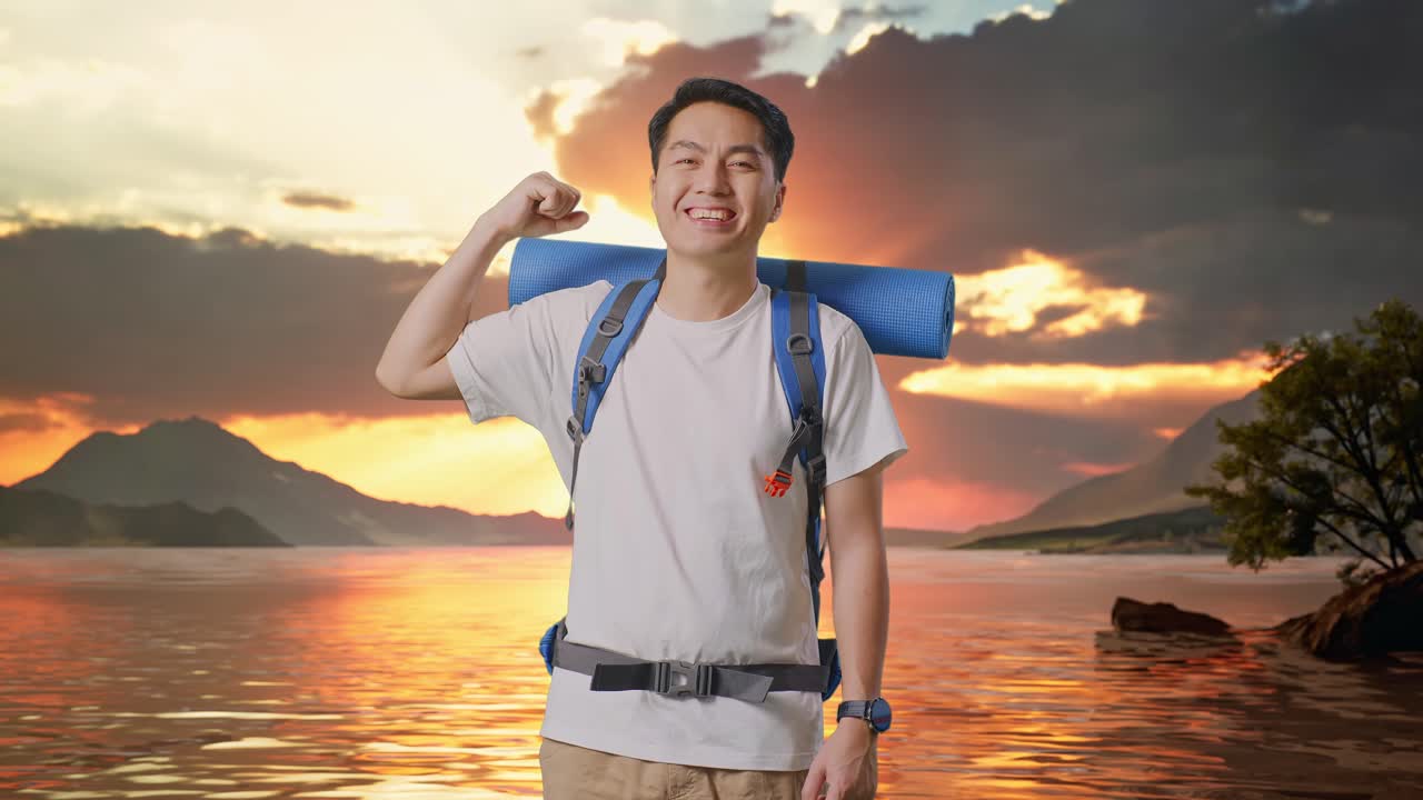 Asian Male Hiker With Mountaineering Backpack Smiling And Flexing His Bicep At A Lake