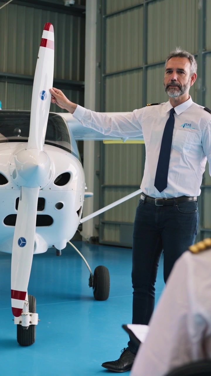 Istruttore di volo che spiega l'elica dell'aereo agli studenti nell'hangar