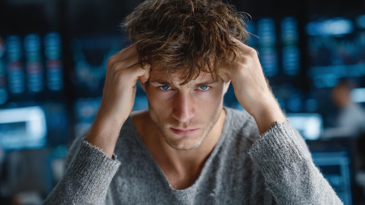 Intense Focus: A Young Man in a Grey Sweater Shows Determination and Concentration While Engaged with His Work in a High-Tech Environment
