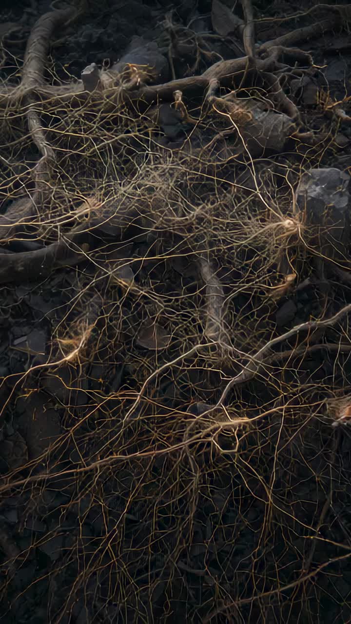 Vertical video: Panning camera revealing root mat on bank to show fine roots woody knots rocks