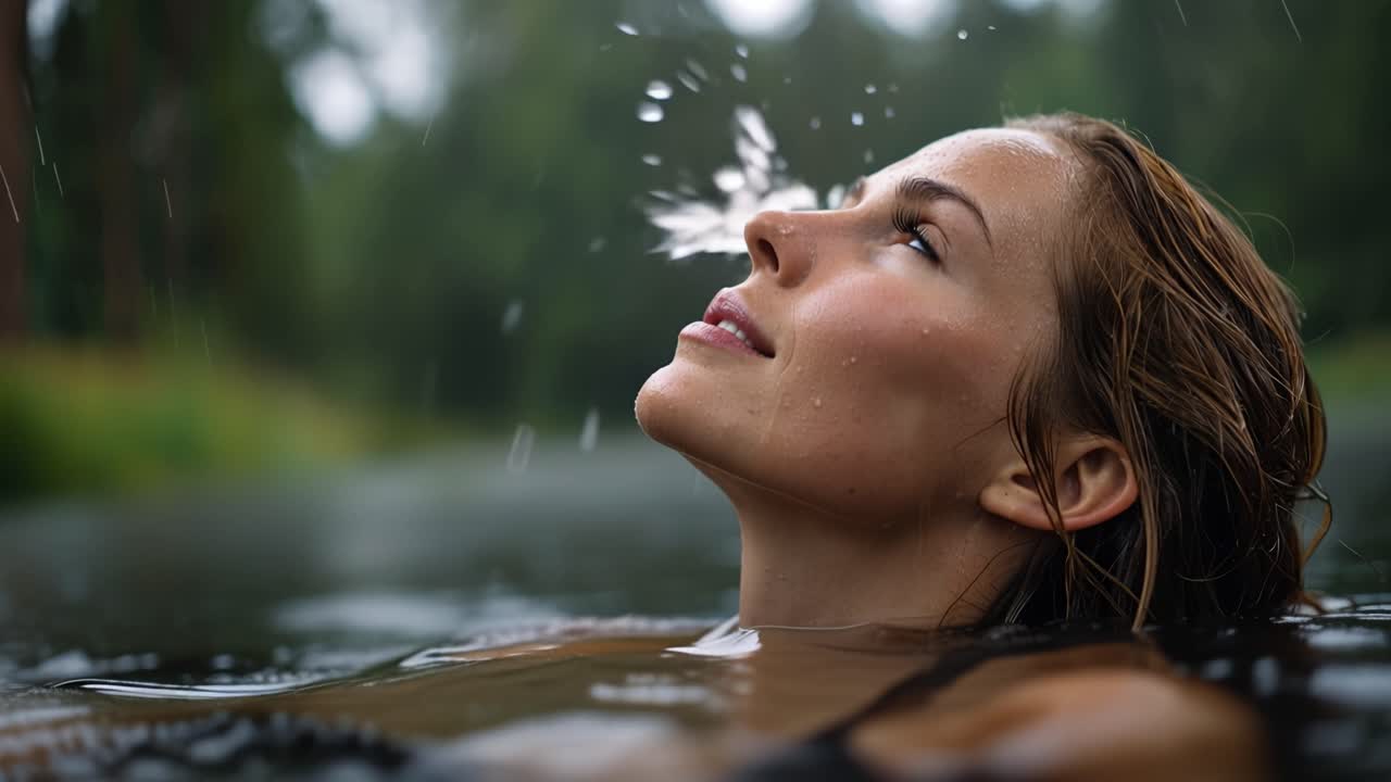 La pioggia cade dolcemente sui suoi occhi chiusi. Galleggia, serena, in acque tranquille. La natura la avvolge in una calma morbida e rilassante. Perfetta per temi di benessere, natura o relax. Non sono presenti animali o piante.