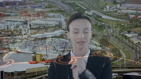 animation of caucasian businesswoman and network of connections over cityscape