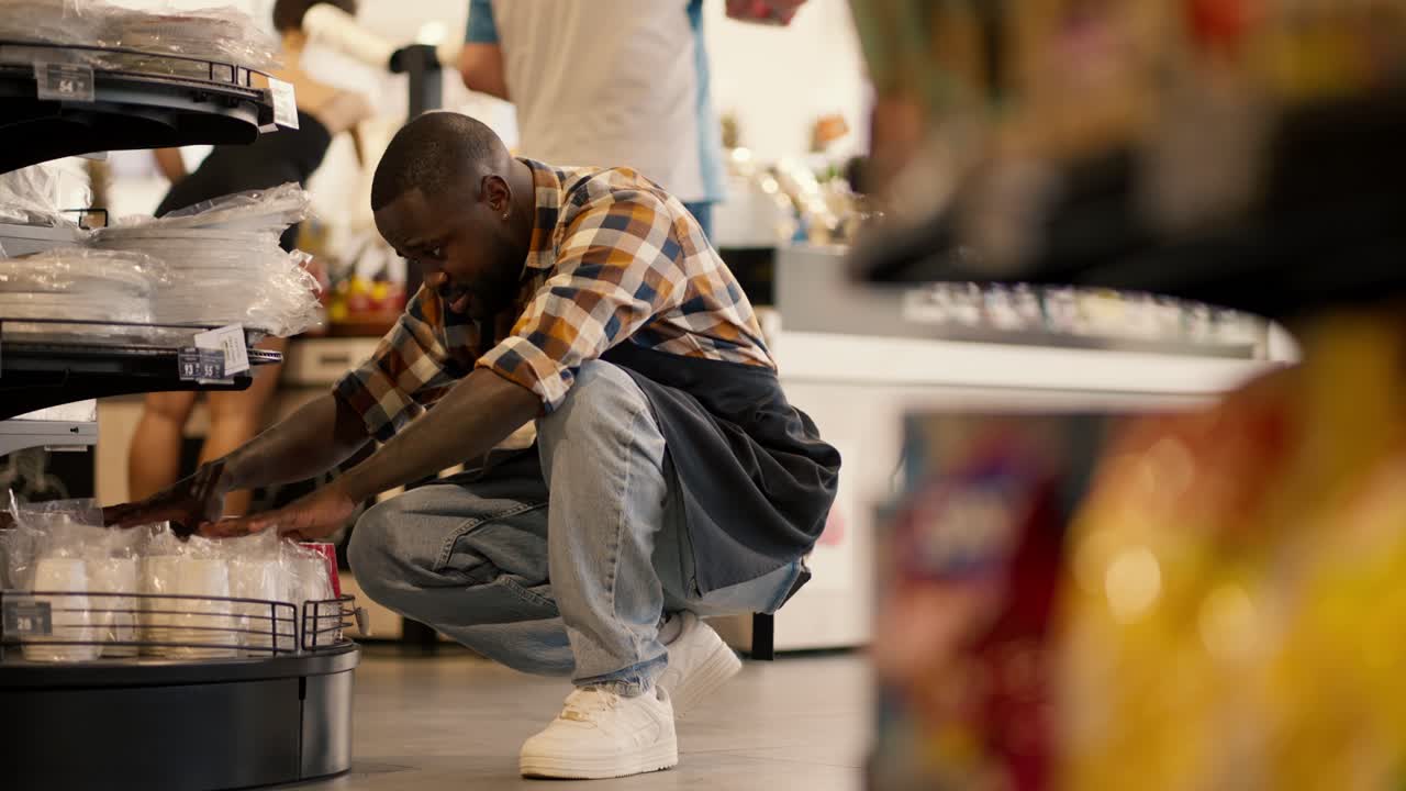 a man with Black skin color in a plaid shirt and a black apron sorts disposable tableware on a supermarket counter