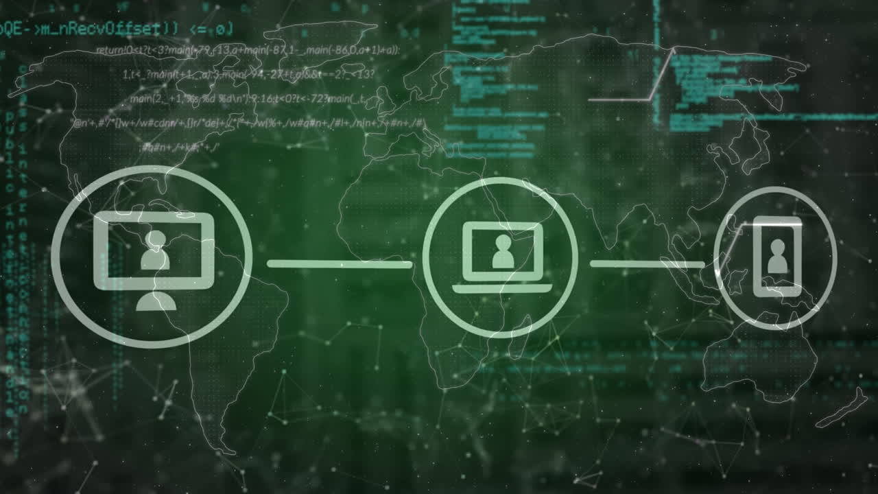 animación del procesamiento de datos con iconos sobre el mapa del mundo