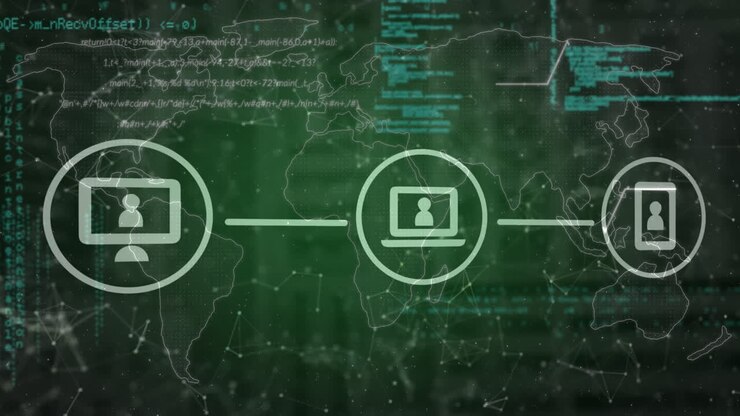 Animation of data processing with icons over world map