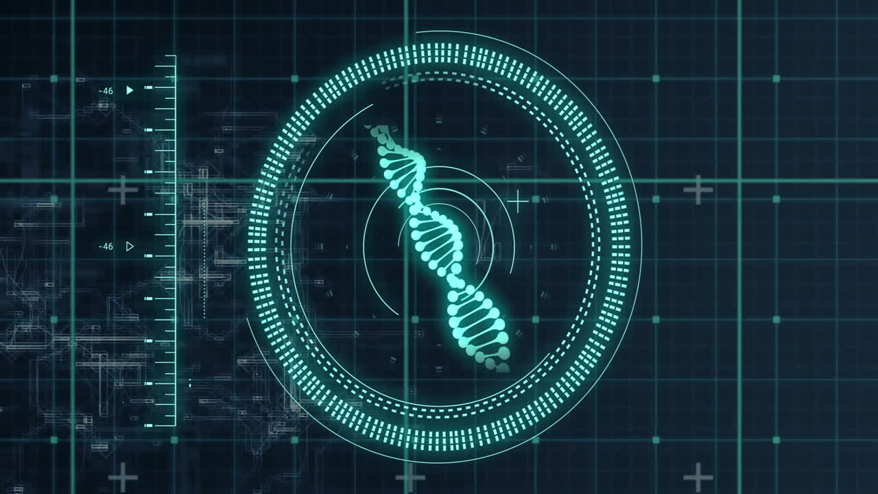 Animation of dna strand and digital data processing over black background