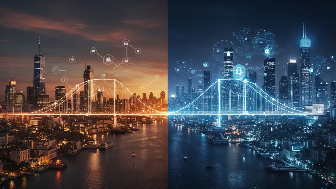 A Stunning Transformation of a City Skyline: From a Vibrant Sunset to a High-Tech Night Scene Featuring a Bridge Connecting Two Worlds of Innovation