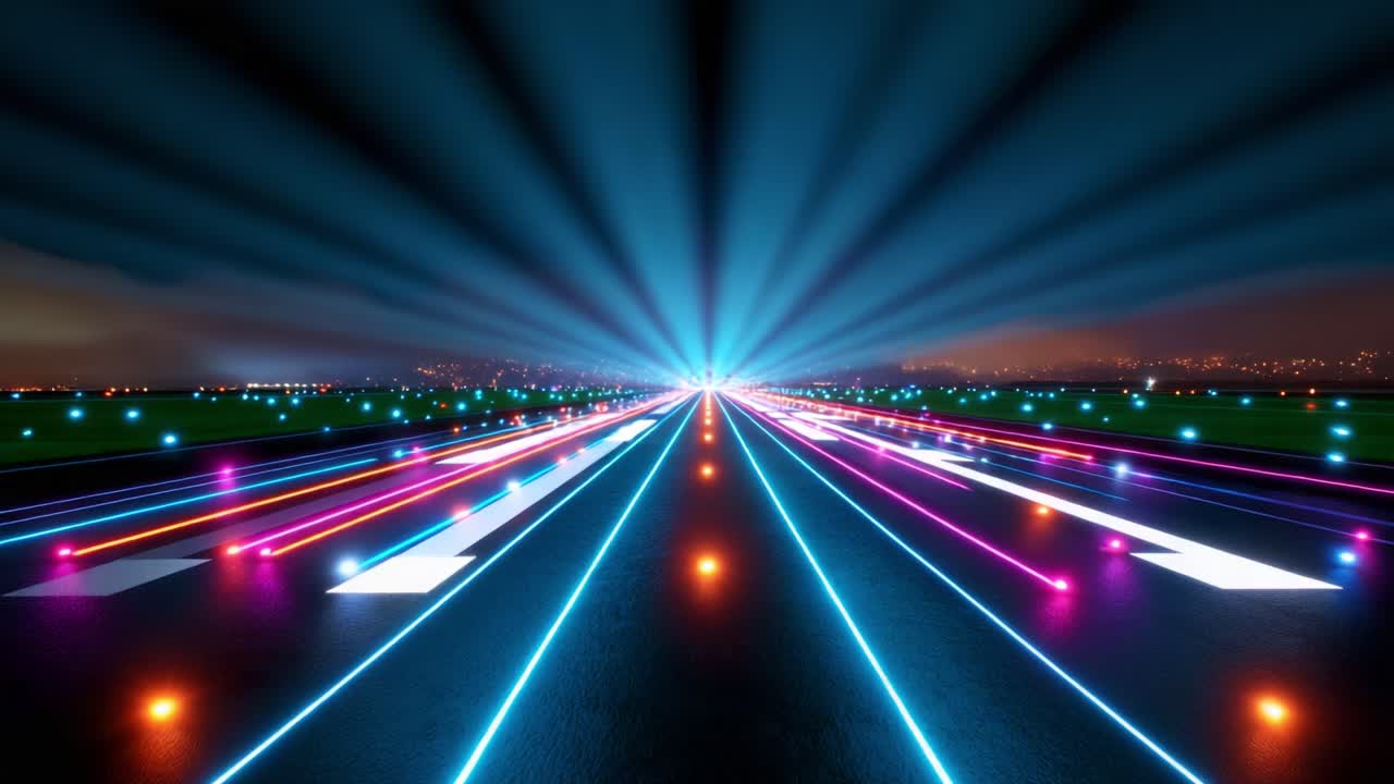 A vibrant display of illuminated lights guides an aircraft down an empty runway at night, showcasing a mesmerizing array of colors and beams that create a captivating and futuristic scene in the sky