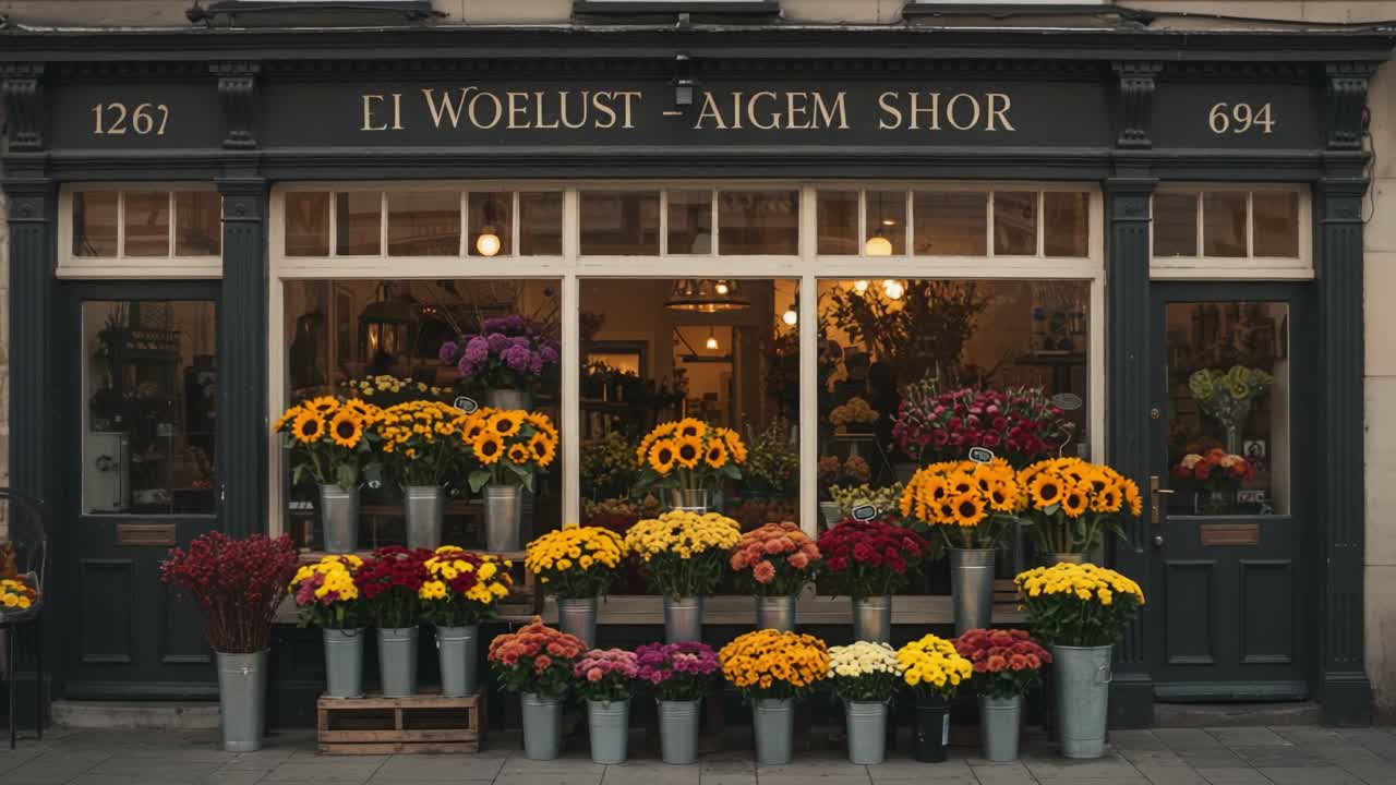 A Charming Floral Boutique Displaying an Abundance of Colorful Flowers, Showcasing Vibrant Sunflowers, Chrysanthemums, and Other Blooms in a Picture-Perfect Setting