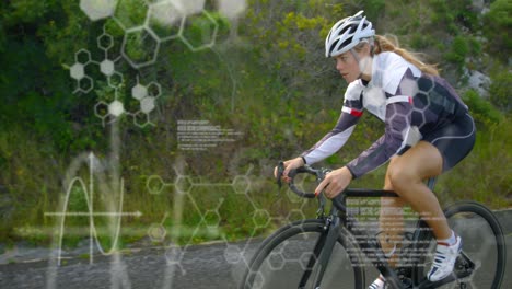 Animación-Del-Lenguaje-Informático,-Estructuras-Moleculares,-Ciclista-Caucásica-Montando-Bicicleta-En-La-Carretera