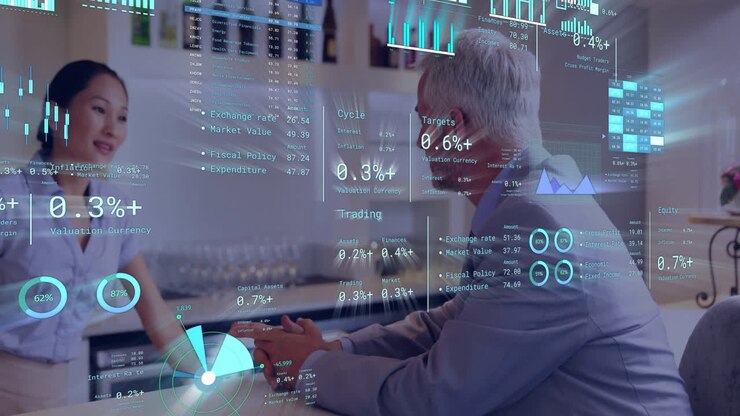 Financial data and trading animation over business people discussing in office