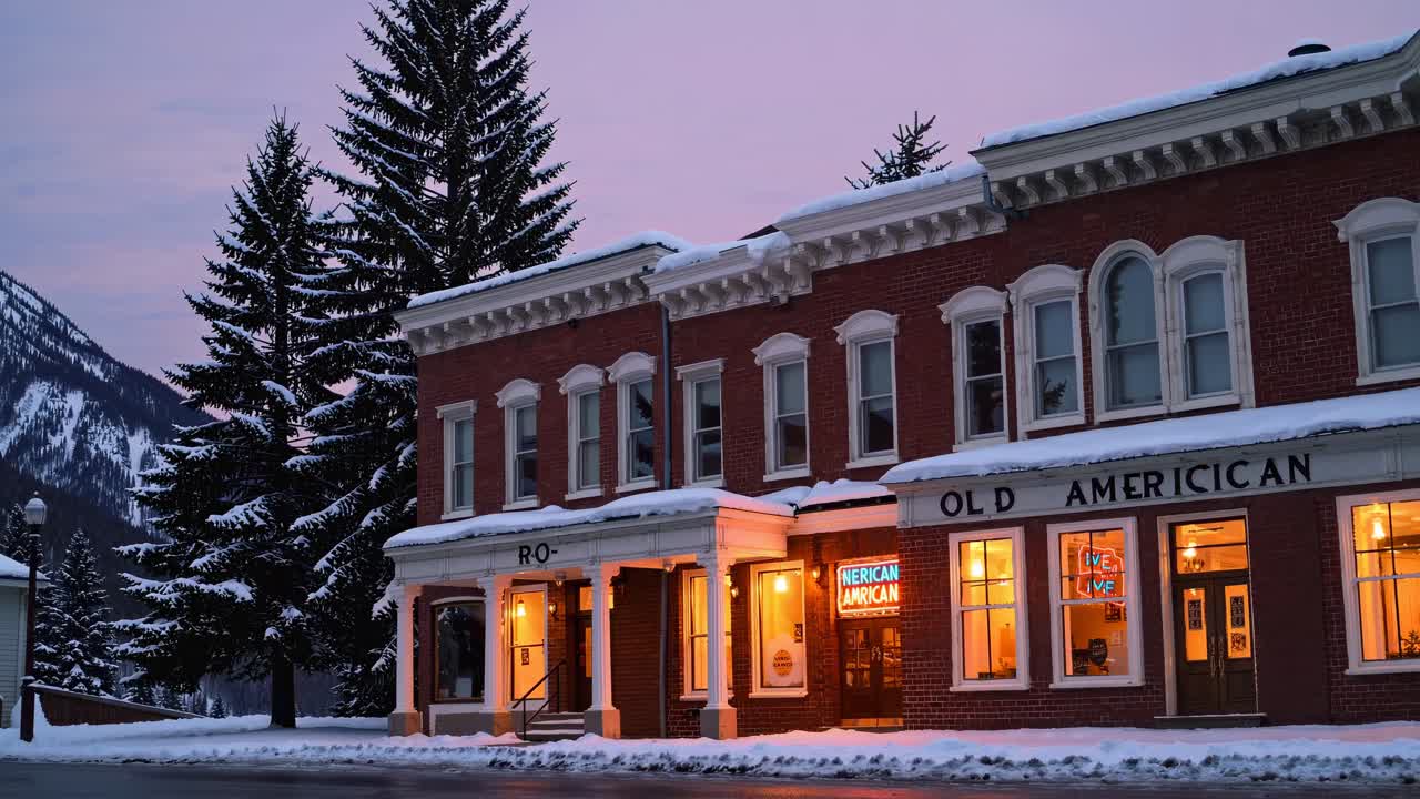 Twilight street view of a vintage American building with warm lights, captured at eye level