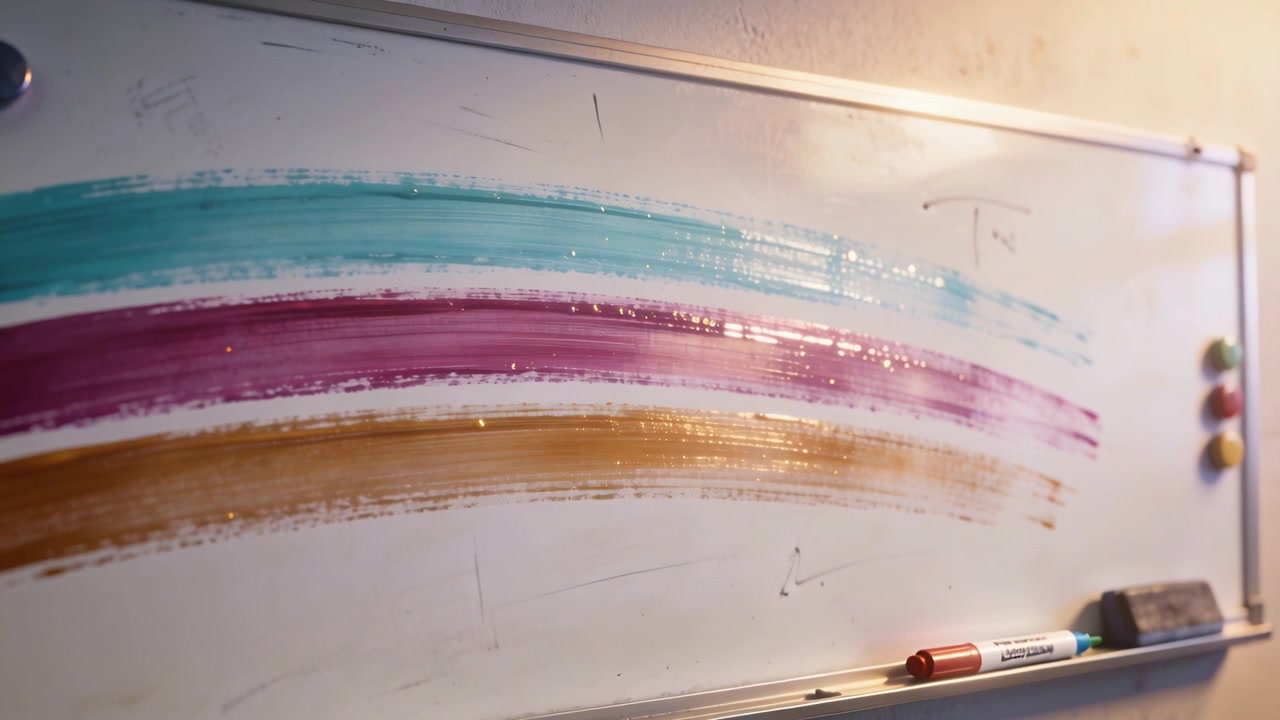 Showing board in office drying three strokes as warm light camera pan reducing sheen, with marker