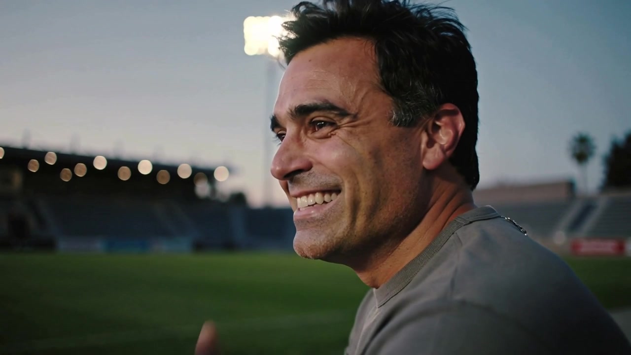Guardando padre e figlio che reagiscono a un'occasione da gol su una panchina usurata a bordo campo, con maglie grigie e blu navy