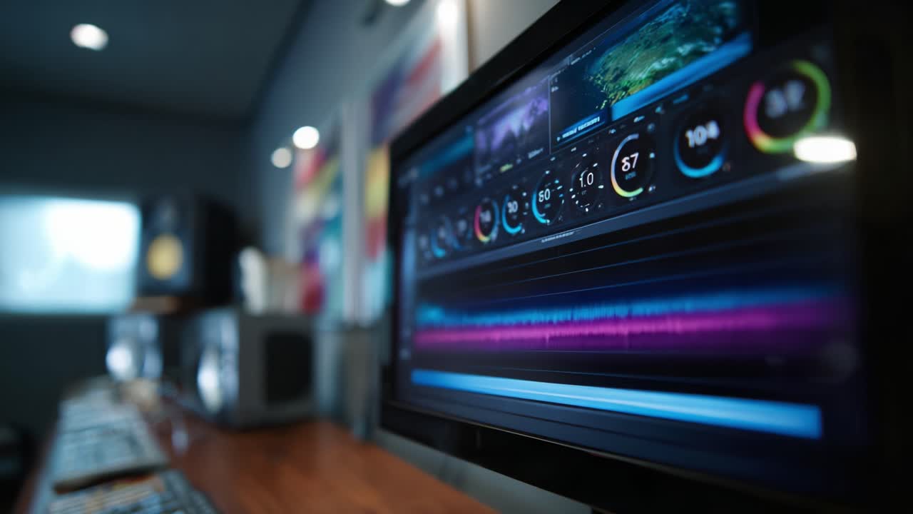Analisi delle frequenze audio e delle forme d'onda su un monitor di editing professionale per sound design e produzione audio in un ambiente moderno da studio