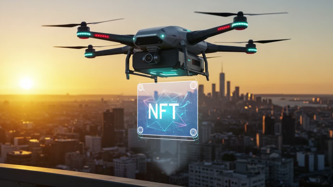 Drone Capturing Vibrant Cityscape at Sunset While Displaying Digital NFT Graphic, Showcasing Technology's Role in Urban Art Scenes