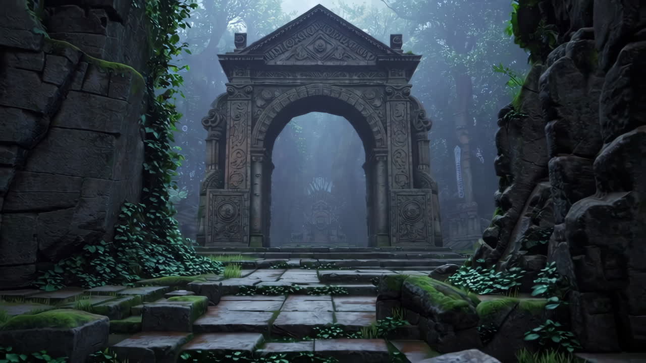 Mysterious Ancient Ruins in a Foggy Forest