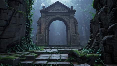 mysterious ancient ruins in a foggy forest