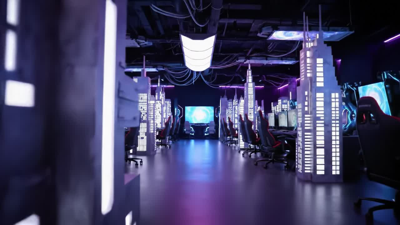 Futuristic Gaming Lounge with Sleek Computer Stations and Neon Lighting, Ideal for Gamers and Esports Enthusiasts, Offering High-Tech Experience in a Modern Environment