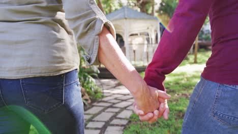 vista trasera de la sección media de una pareja caucásica mayor cogida de las manos, caminando en el jardín
