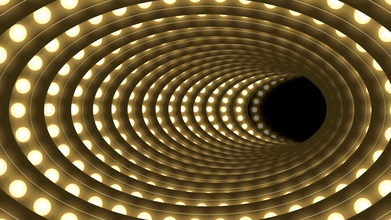 caja de bombilla incandescente de túnel marco de forma ovalada patrón móvil, estilo retro 3d ilustración de estilo virtual brillo en fondo oscuro animación de bucle sin costuras 4k, con espacio de copia