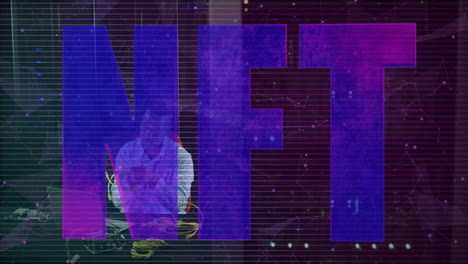 Animation of nft text over african american male worker in server room
