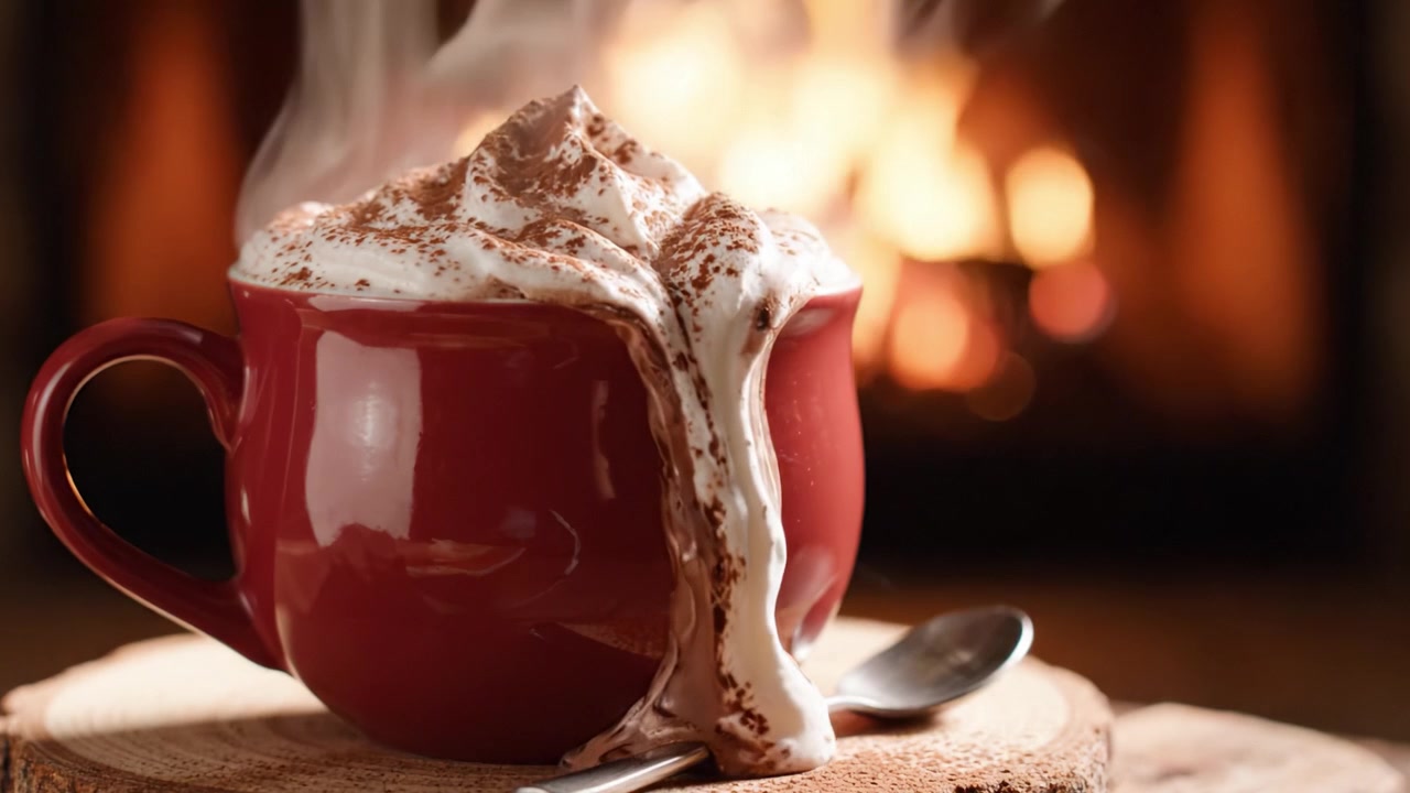 Una acogedora escena de chocolate caliente espumoso desbordándose de una taza roja junto a una chimenea cálida y acogedora con humo elevándose en el aire