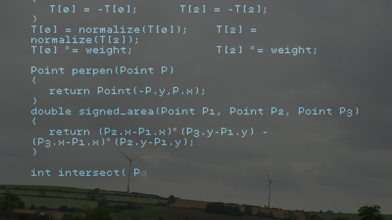 Animation of data processing over wind turbines and sky with clouds